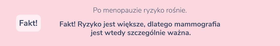 Po menopauzie ryzyko rośnie.  Fakt! Ryzyko jest większe, dlatego mammografia jest wtedy szczególnie ważna.