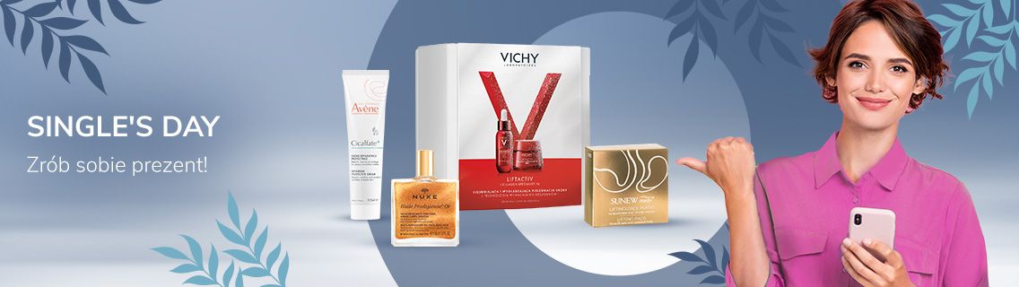 singles day zrób sobie prezent kosmetyki oraz uśmiechnięta kobieta