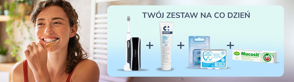 Twój zestaw na co dzień. Kobieta myjąca zęby.
